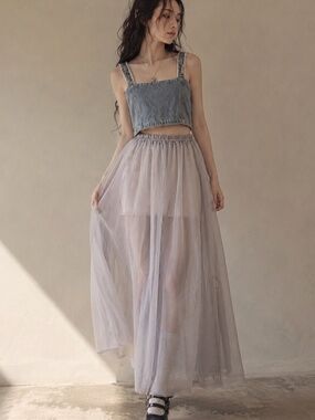 Japanese Fairy Grunge Denim Tulle Layered Maxi Dress Coquette L